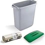 DURABIN 60L Grey Rectangular Wastebin and Green Lid and 110L Dustbin Bags 25 Pack Strong Plastic Bag for Rubbish Recycling Food Safe with Blue Angel Certified Bin Liners for Home Office Schools