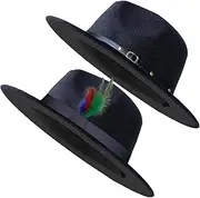 [Ligouritan] 2 Pack Classic Fedora Hat for Men & Women Wide Brim Felt Panama Floppy Hat Black, Multicolor, Medium-Large