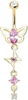 [Pierced Owl] 14GA Gold Plated Stainless Steel Pink CZ Crystal Butterfly with Dangling Gems Belly Button Ring, Metal, cubic zirconia