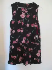 Gibson Black Plink Floral Short Button Front Tank Pockets Jumpsuit Women Sz XS