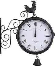 Outdoor Garden Clock,Double Sided Wall Clock with Cockerel Bell European Retro Country Style Wrought Iron Roman Numerals Display Silent Wall Clock with Bracket Indoor Outdoor Decor