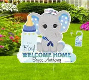 Welcome Home Baby Boy Yard Sign, Elephant Lawn Decoration Personalize Stork Gift