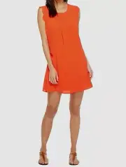 $145 Brigitte Bailey Women's Red Crew-Neck Pleated Sleeveless Shift Mini Dress L