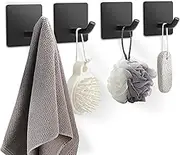 iBath 4-Packs Adhesive Towel Hooks, sus304 Stainless Steel Traceless Wall Hooks Bathroom or Kitchen, for Hanging Coat, hat, Towel (Matte Black)