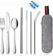 10 PCS Travel Utensils Set with Case, Reusable Portable Stainless Steel Travel Camping Cutlery Flatware Silverware Set Including Dinner Lunch Knife Fork Spoon Chopsticks Straws