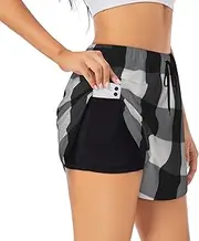 [JBYJBX] Black and White Plaid Print Shorts Athletic Running Women's Workout Pockets Gym Quick-Dry Sport Hiking Elastic