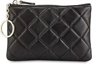 [Doris&Jacky] Soft Lambskin Leather Coin Purse Small Quilted RFID Blocking Top Zipper Wallet With Key Chain, Black, Style-1