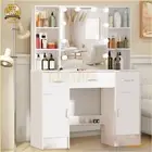 White Dressing Table Vanity Makeup Desk With Mirror & LED Lights Stool 5 Drawers