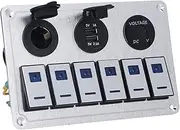 Brilluxa Rocker Switch Panel, 6 Gang On Off with Blue LED Light, Compatible with Car RV, 2.1A Dual USB Port, Aluminum Alloy Power Control Panel