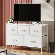 5 Drawers Dresser for Bedroom, White Dresser with Fabric Drawers, Chest of Drawers with PU Finish, Metal Handle, Storage Organizer Unit for Closet, Kids Room, Living Room, Tv Stand up to 43'', White