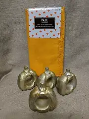 Set of 4 Ceramic Gold Pumpkin Napkin Rings & 4 Fringed Cloth Napkins