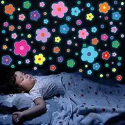 Glow in The Dark Y2k Cute Flowers Wall Decals，Glowing Luminous Colorful Floral Wall Stickers Colorful Removable self-Adhesive Flower Decals for Girls Bedroom Kids Baby Nursery Living Room Decoration