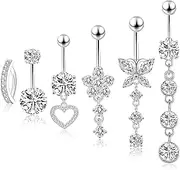 [GwaOery] 6PCS Belly Button Bars Belly Rings Silver Belly Button Piercing Stainless Steel Belly Button Bars Hoops Body Jewelry Piercing Heart Bow Navel Piercing Jewelry for Womens Girls, Stainless Steel