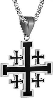 [Rofusn] Crusader Jerusalem Cross Pendant Necklace: Stainless Steel Cross Biker Necklace Chain for Men Women, Stainless Steel, No Gemstone