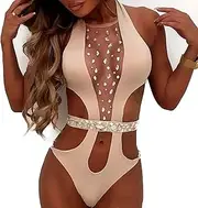 [HHZY] Women's Sexy Halter Deep V-Neck Hollow Out Mesh Insert Sexy One Piece Swimsuit Rhinestone Crystal Diamond Cutout Lace Up Monokini Bathing Suit,Pink,M