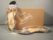 Louboutin 35.5 Lady Strass aqua rhinestones silver leather sandals flats shoes