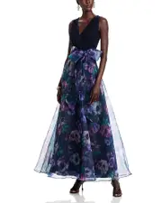 Eliza J Sleeveless Surplice Neck Mixed Media Gown