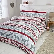 Scandi 100% Brushed Cotton Flannelette Quilt Duvet Cover and Pillowcase Bedding Bed Set, Red/Multi-Colour, 2 pcs, Single