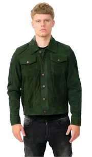 Infinity Leather Men's Trucker Khaki Goat Suede Leather Shirt Jeans Jacket L