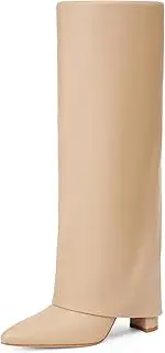 [Modatope] Knee High Boots Women Fold Over Knee High Boots Chunky High Heels Long Boots Zipper Pointed Toe Dress Tall Boots for Women