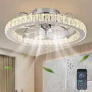Ganeed LED Dimmable Crystal Chrome Ceiling Fan with Light, Modern 24W White Reversible 6-Speed Small Ceiling Fans with Lamp, Semi Flush Mount Lighting Fixture with Fan for Office Kitchen