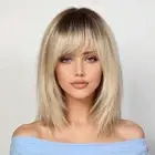 Ombre Brown Blonde Human Hair Wig for Women Remy Hair Wig with Bangs None Lace