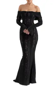 HOUSE OF CB Belle Off the Shoulder Long Sleeve Maxi Dress in Black at Nordstrom, Size Small