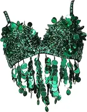 [ａ aternee] Sequin Crop Top Luxury Costume Tank Top for Stage Festival Show Party Nightclub, Green, 38 Yards