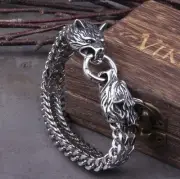 Viking Bracelet Odin's Wolf Fenrir Geri and Freki Head Link Chain Armring Gift