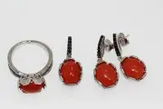 925 SS Orange Chalcedony/Black Spinel Ring,Pendant,Earring Set(11.56 cts)