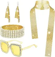 5Pcs Disco Accessories for Women, Disco Costume Set with Sequins Scarf Rhinestone Sunglasses Fancy Dress Kit for Ladies Girls Retro 70s 80s Theme Party