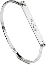 [Lova Jewelry] Sleek 'Fearless' Engraved Silver Tone Metallic Bangle Bracelet