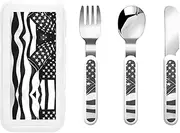 Black And White American Flag 3 Piece Set For Camping Stainless Steel Flatware, Spoon, Fork, Knife, Ideal For Outdoor