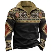 Men's Tribal Geometry Zip Polo Long Sleeve Polo Shirts Turndown Zip Vintage Outdoor Casual Daily Streetwear 3D Print Fall Winter Black