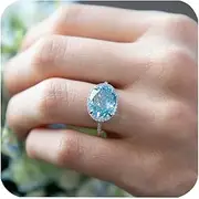 Fashion Shiny Half Full Diamond Large Carat Oval Cut Blue Aquamarine Birthstone Ring CZ Diamond Eternity Engagement Wedding Band Ring Promise Ring Cocktail Party Ring for Women ST.382