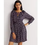 BODEN Metallic Frill Ruffle Detail Mini Fall Dress Navy Berry Sprig Floral Large