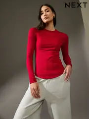 Red Long Sleeve Ribbed Crew Neck Top (E98812) | $18
