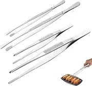 Kitchen Tweezers, 4 Pcs Kitchen Tongs, Cooking Tweezers with Round Serrated and Tips, Professional Fine Stainless Steel Tongs for Cooking, Repairing, Feeding, Sea Food and BBQ (Silver, 10-12 Inch)