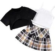 [JiAmy] Girls 3 Piece Outfits Cute Girls Short Sleeves Tops and Plaid Print Pleated Skirt Suit Summer Girl's Set for 2-7 Years