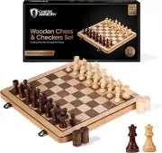 Chess Armory Premium Checkers and Chess Set - Wooden Board Game with a Portable