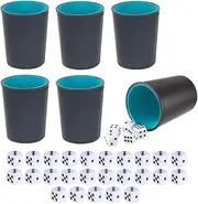 Leather Dice Cup, Quite Felt-Lined Interior, 6 Shaker Cups and 30 Dot Dices, one Carry Bag (Black and Lake Blue)