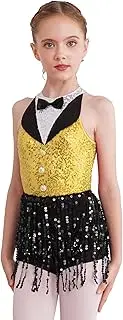 [Rswnyirn] Kids Girls Sequins Tassel Jazz Hip Hop Latin Ballet Leotard Dance Dress Rumba Samba Salsa Ballroom Costume