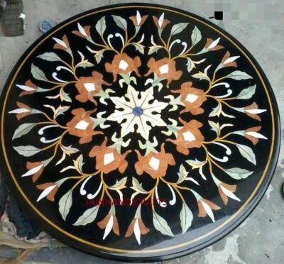 15" Round black Marble Coffee Table Top Stone Inlay Sofa Side Table decor home