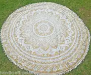 Gold Ombre Mandala Tapestry Bohemian Beach Round Yoga Mat Throw Indian Roundie