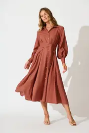Ciao Bella Maxi Shirt Dress Full Length Sleeve in Brown Rust Linen Blend 8