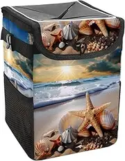 Car Trash Can with Lid and Storage Pockets Leak-Proof Organizer,Waterproof Garbage Can,Beaches Summer Sea Shells Clouds