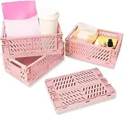 Kalevel Mini Plastic Storage Container Collapsible Crates Foldable Storage Cube Basket Bin for Organizing Groceries School Pink