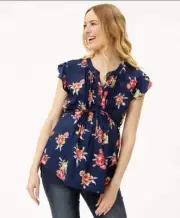 Times Two Navy Amd Pink Floral Button Front Flutter Sleeve Top Size Small