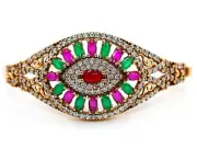 Ottoman Empire Style 8CT Treated Emerald & Garnet 925 Sterling Silver Bracelet