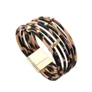 2Pcs Women Fashion Leopard Printing Alloy Magnetic Buckle Leather Bracelet Beige